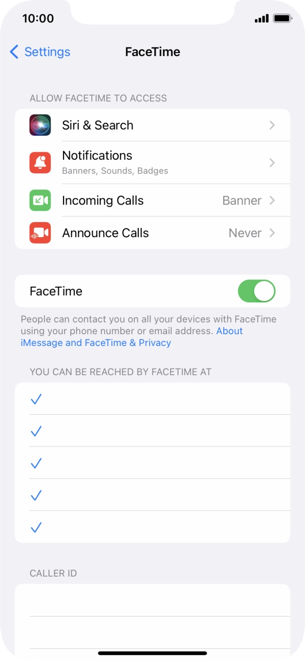 Press the indicator next to 'FaceTime' to turn the function on or off. Press the indicator next to 'FaceTime' to turn the function on or off.