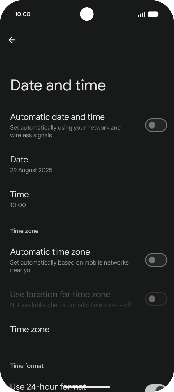 Press the indicator next to 'Automatic date and time' to turn on the function.