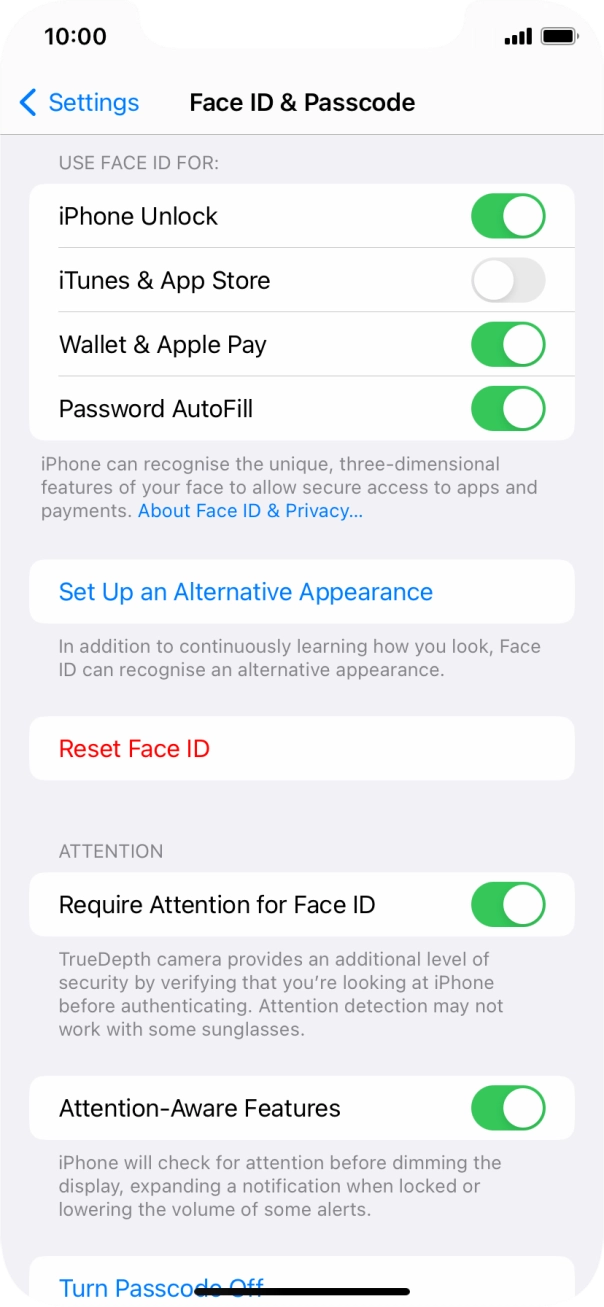 Press the indicators next to the required settings to turn them on or off.