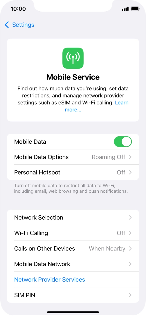 Press the indicator next to 'Mobile Data' to turn the function on or off.