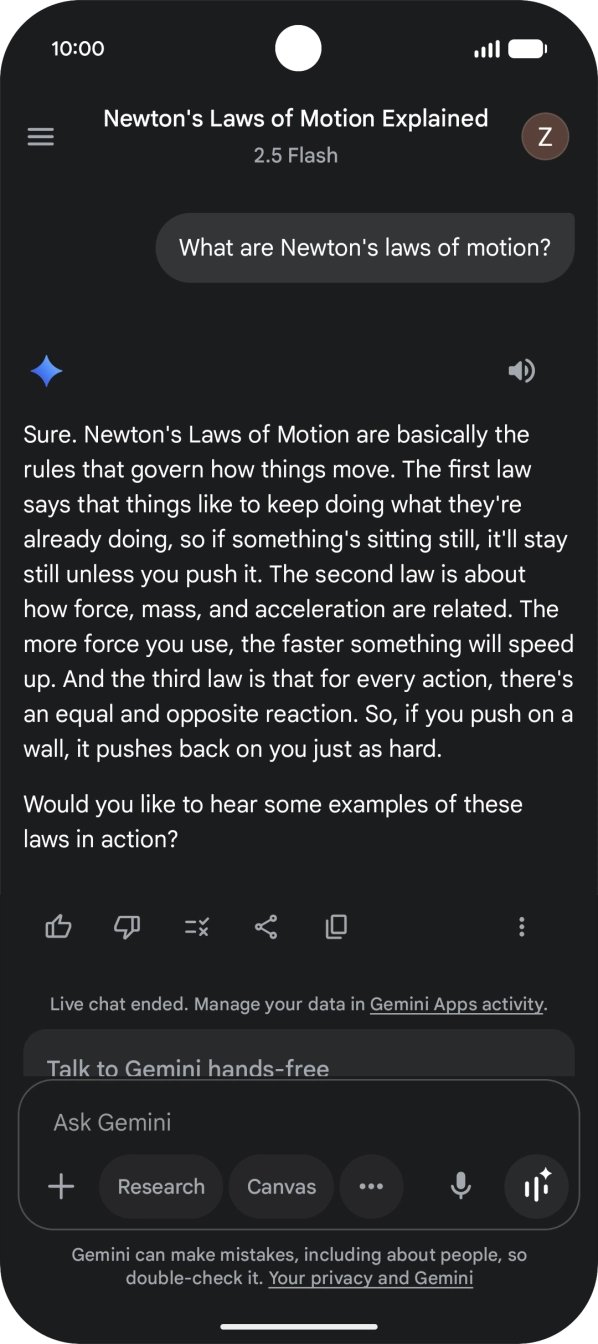 Transcription of the conversation with Gemini Live is now displayed.