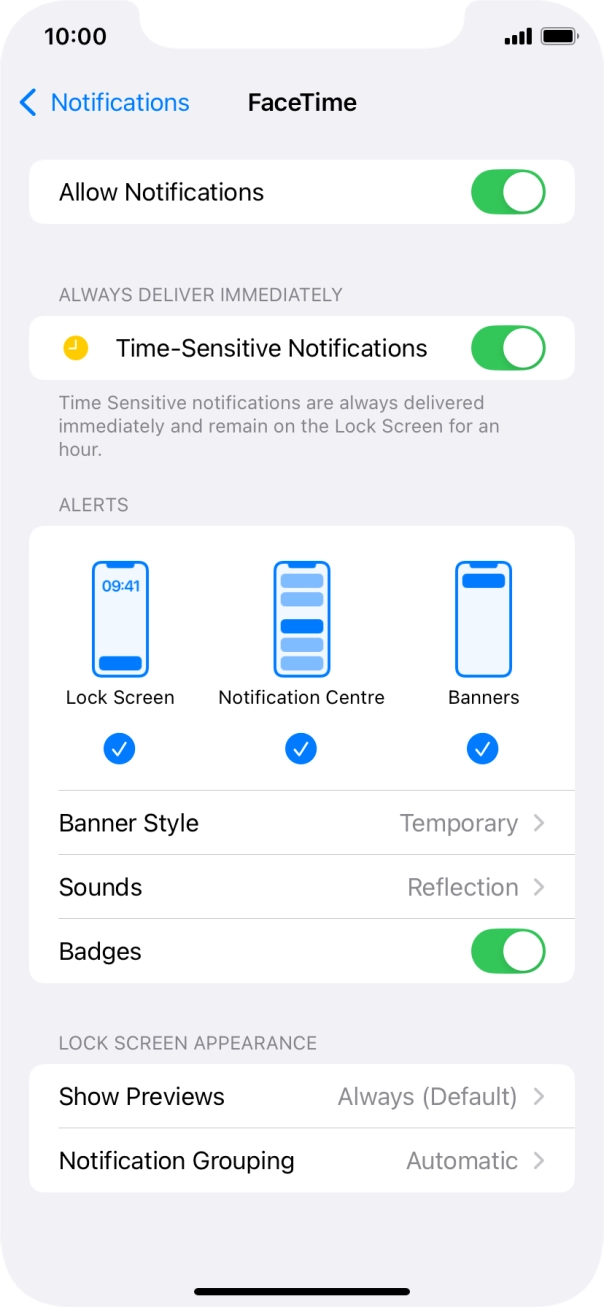 Press the indicator next to 'Allow Notifications' to turn notifications for the selected application on or off.