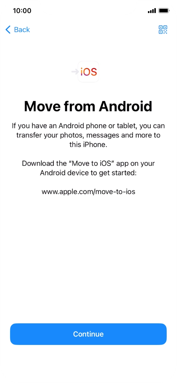 To transfer content to your phone, you need to install the app 'Move to iOS' on the Android phone. When the app is installed, press Continue.