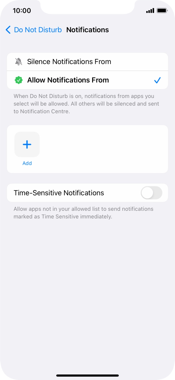 Press the indicator next to 'Time-Sensitive Notifications' to turn display of timed notifications on or off when Do Not Disturb is turned on. Press the indicator next to 'Time-Sensitive Notifications' to turn display of timed notifications on or off when Do Not Disturb is turned on.