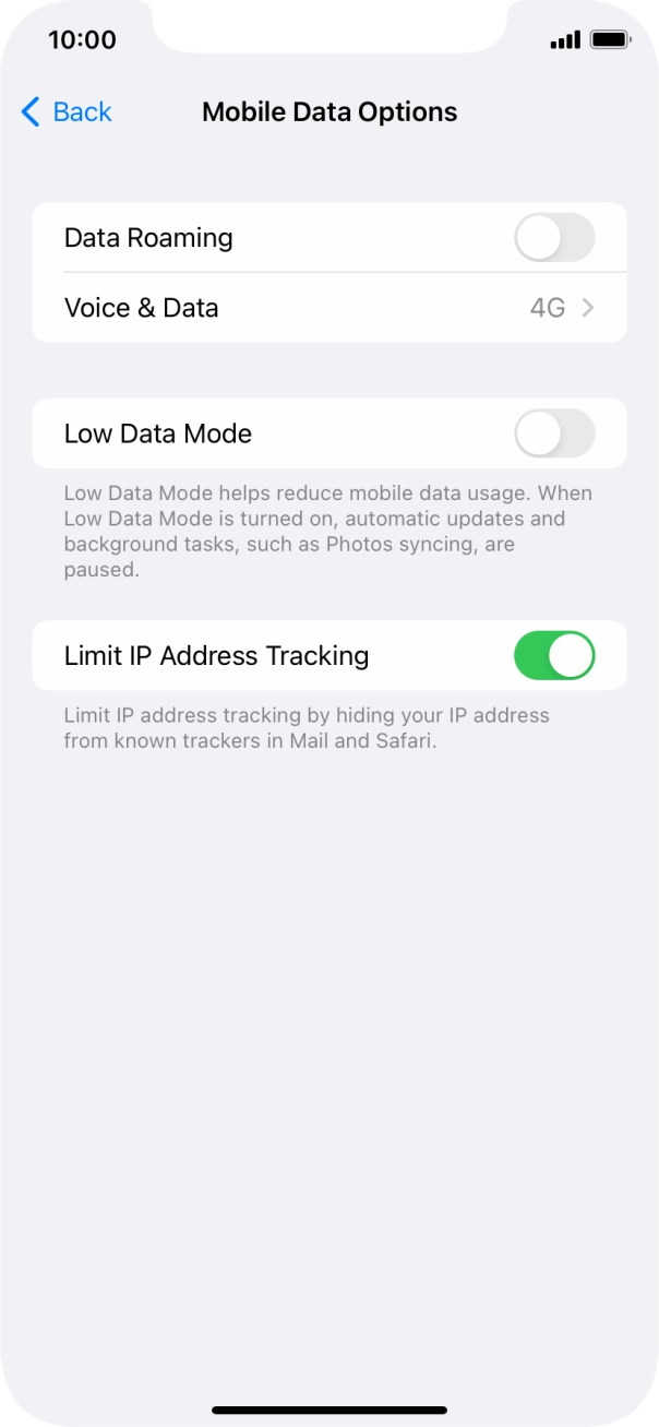 Press the indicator next to 'Low Data Mode' to turn the function on or off.