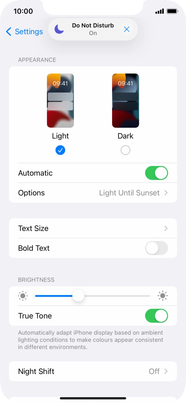 If you turn on the function, press Options and follow the instructions on the screen to select the required period of time for Dark Mode.