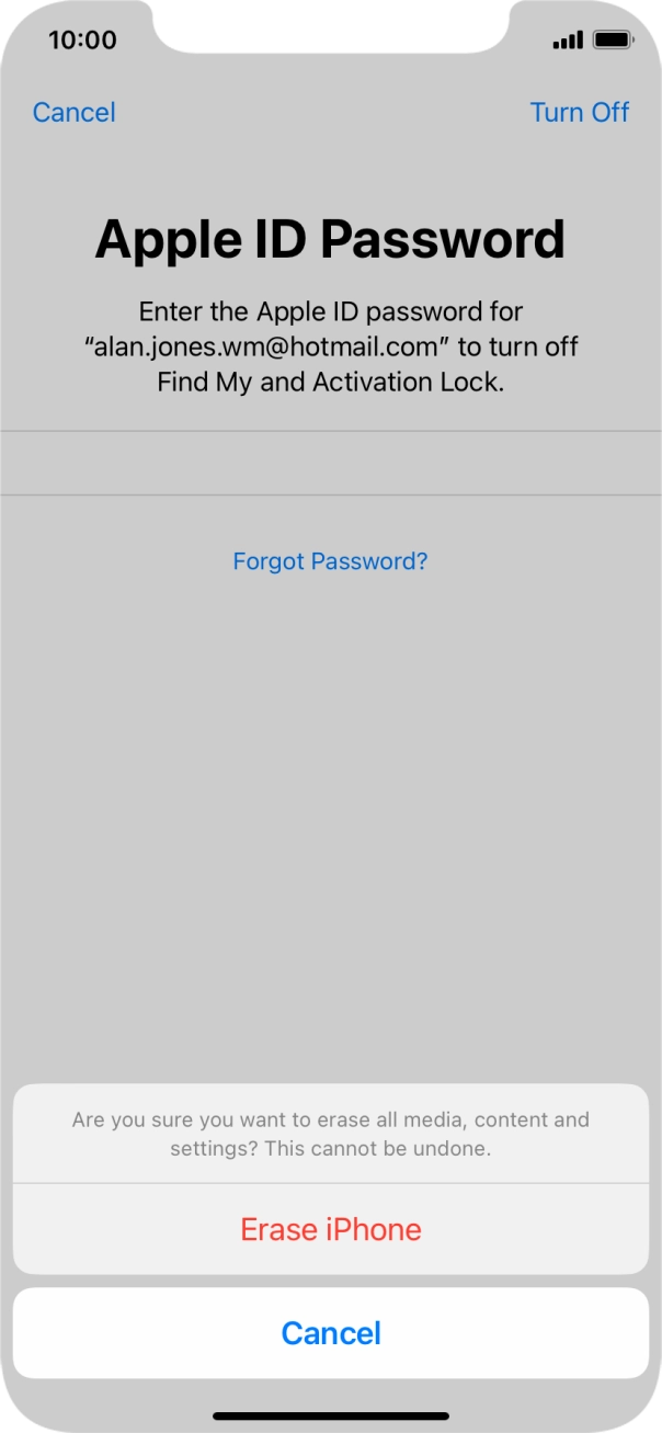 Key in the password for your Apple ID and press Erase iPhone. Wait a moment while the factory settings are restored. Follow the instructions on the screen to set up your phone and prepare it for use.