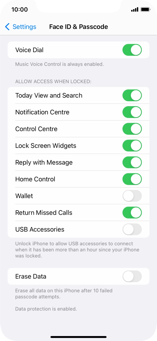 Press the indicator next to 'Erase Data' to turn the function on or off.