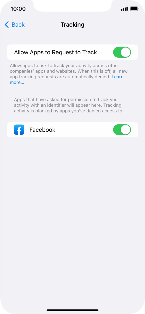 Press the indicator next to 'Allow Apps to Request to Track' to turn the function on or off.