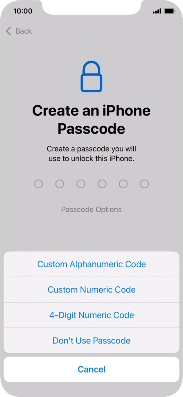 Follow the instructions on the screen to turn on the lock code or press Don't Use Passcode.