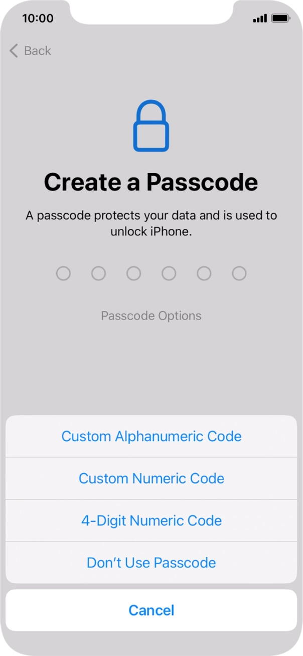 Follow the instructions on the screen to turn on the lock code or press Don't Use Passcode.
