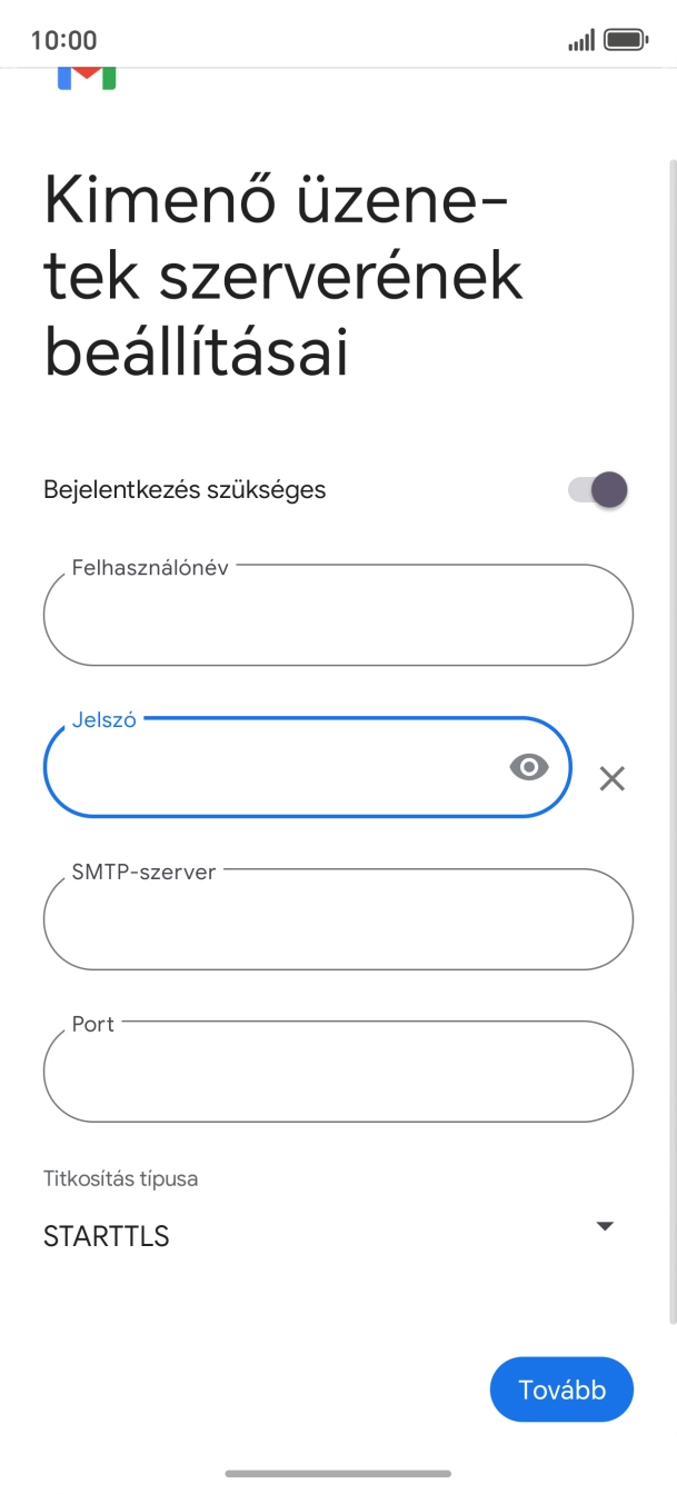 Kattints az „SMTP-szerver” alatti mezőre, és írd be az e-mail szolgáltatód kimenő szerverének a nevét.