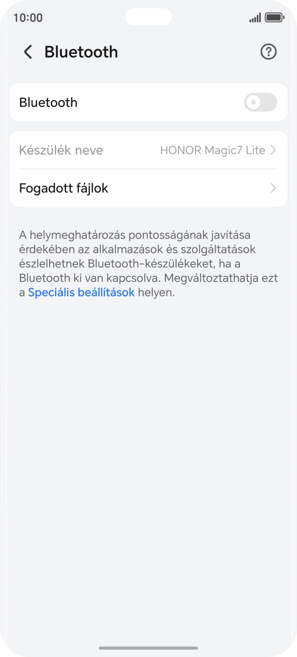 Kattints a „Bluetooth” melletti csúszkára a funkció bekapcsolásához. Kattints a „Bluetooth” melletti csúszkára a funkció bekapcsolásához.