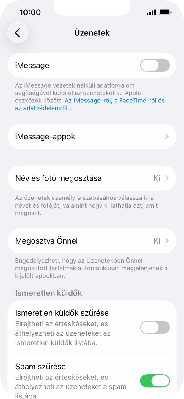 Kattints az „iMessage” melletti csúszkára a funkció bekapcsolásához. Kattints az „iMessage” melletti csúszkára a funkció bekapcsolásához.