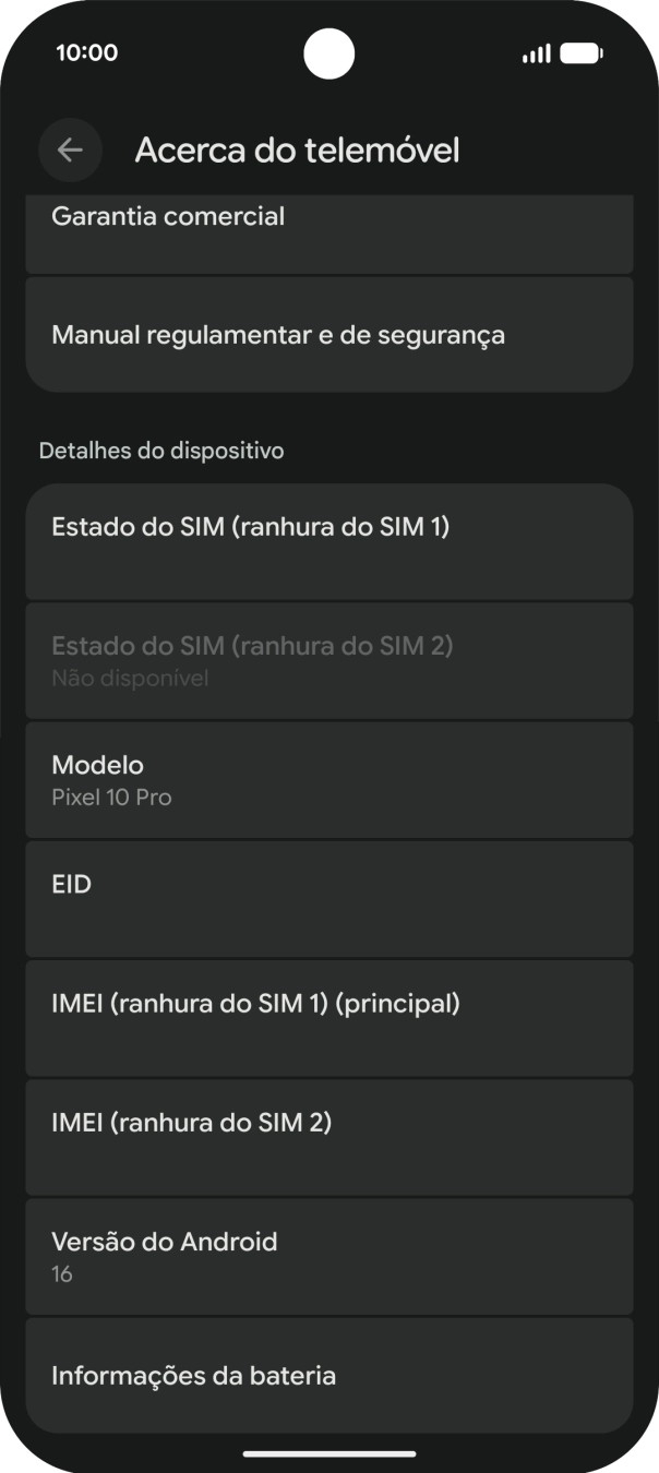 O código IMEI é mostrado no ecrã.