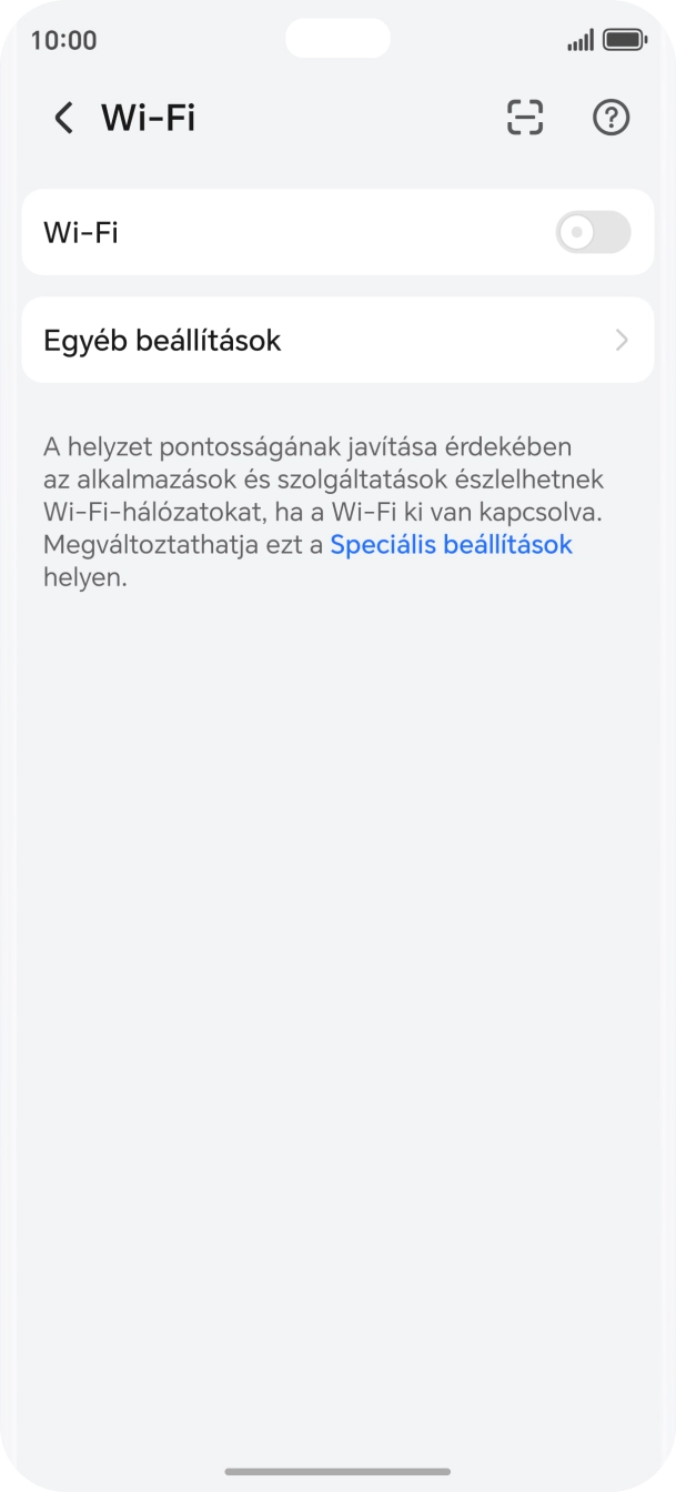 Kattints a „Wi-Fi” melletti csúszkára a funkció bekapcsolásához. Kattints a „Wi-Fi” melletti csúszkára a funkció bekapcsolásához.