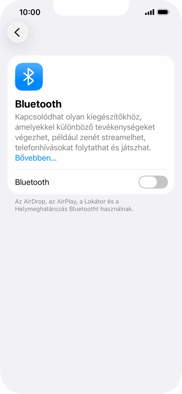 Kattints a „Bluetooth” melletti csúszkára a funkció bekapcsolásához. Kattints a „Bluetooth” melletti csúszkára a funkció bekapcsolásához.