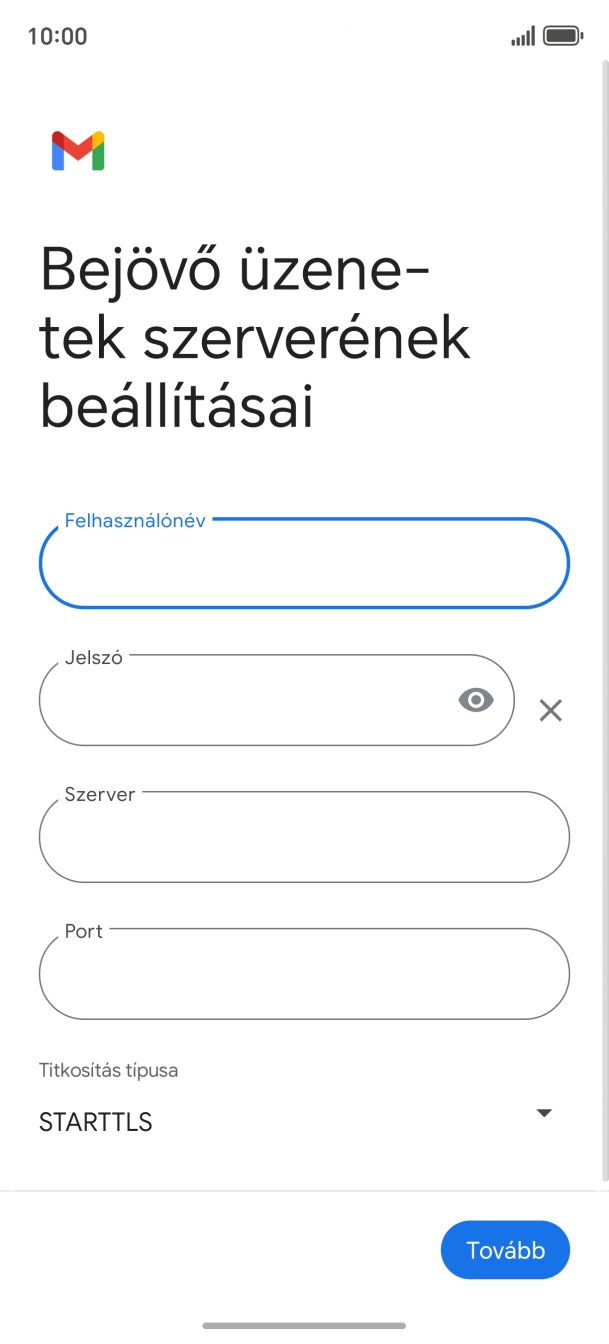 Kattints a „Szerver” alatti mezőre, és írd be az e-mail szolgáltatód bejövő szerverének a nevét.