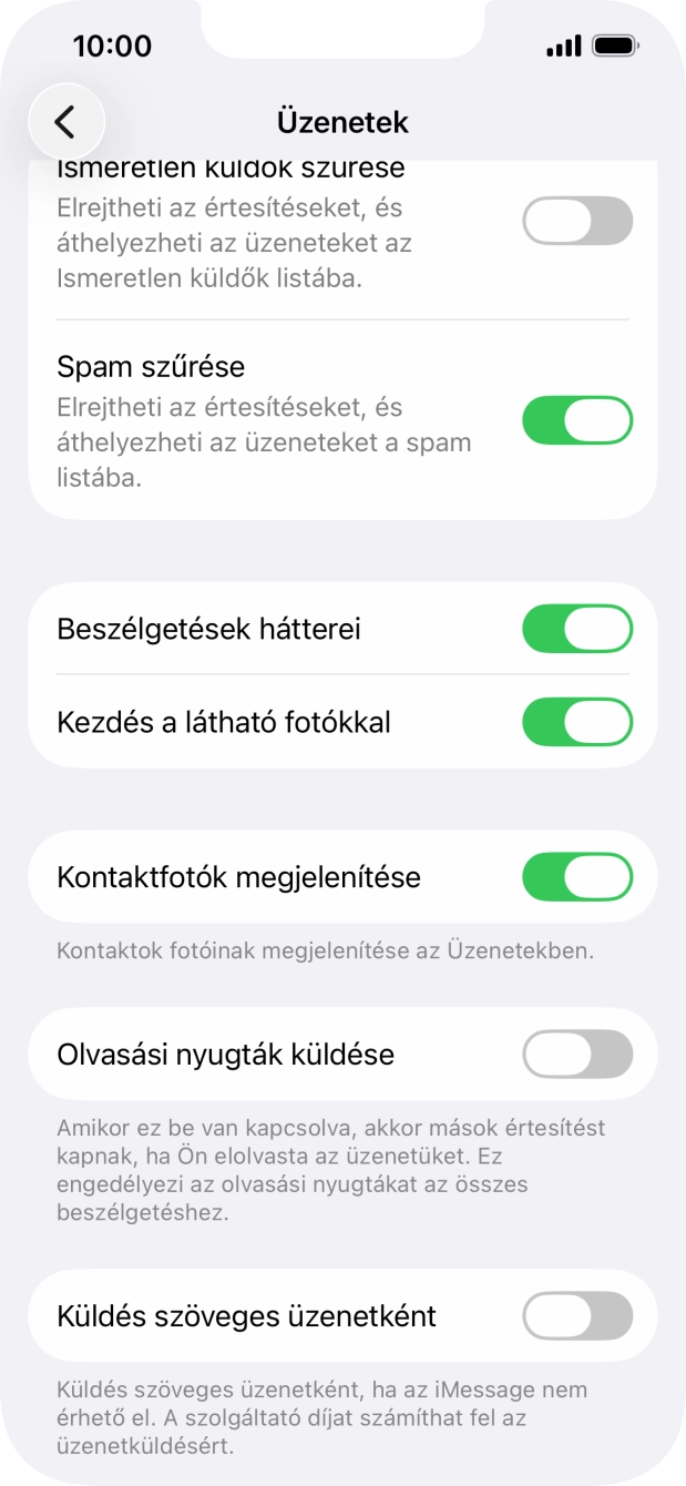 Kattints a „Küldés szöveges üzenetként” melletti csúszkára a funkció be- vagy kikapcsolásához. Kattints a „Küldés szöveges üzenetként” melletti csúszkára a funkció be- vagy kikapcsolásához.