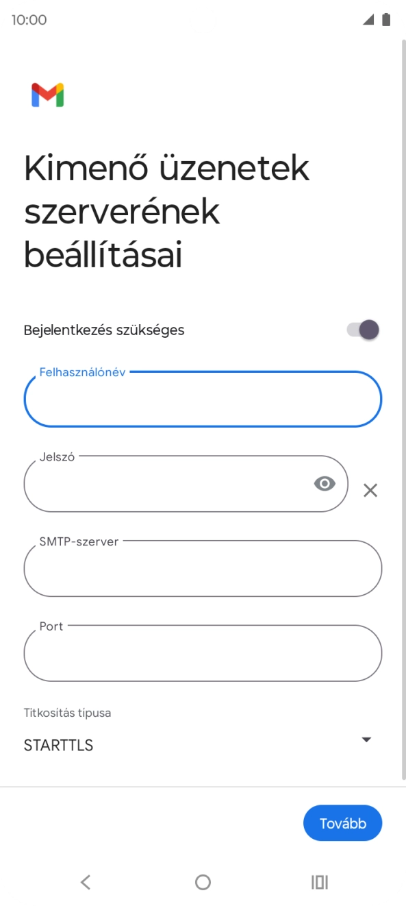 Kattints a „Jelszó” alatti mezőre, és írd be az e-mail szolgáltatód kimenő szerverének jelszavát.