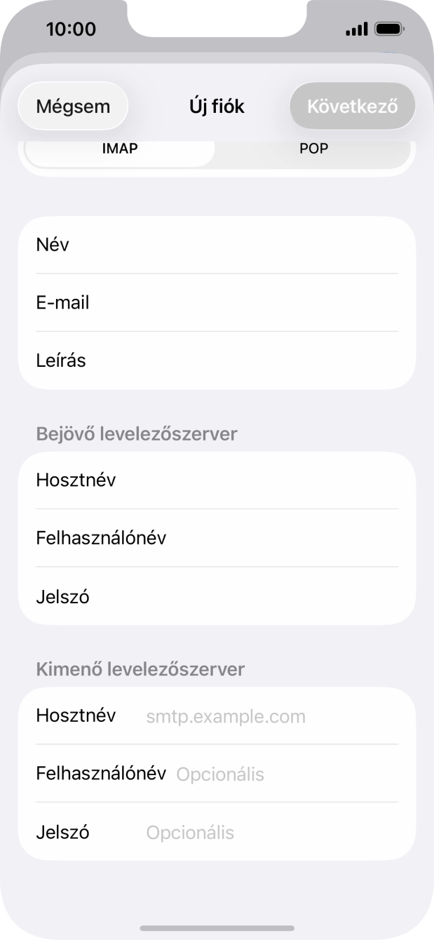 Kattints a Hosztnév mezőre, és írd be az e-mail szolgáltatód kimenő szerverének a nevét.