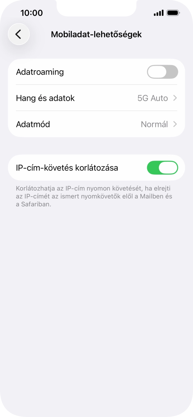 Kattints az „Adatroaming” melletti csúszkára a funkció be- vagy kikapcsolásához. Kattints az „Adatroaming” melletti csúszkára a funkció be- vagy kikapcsolásához.