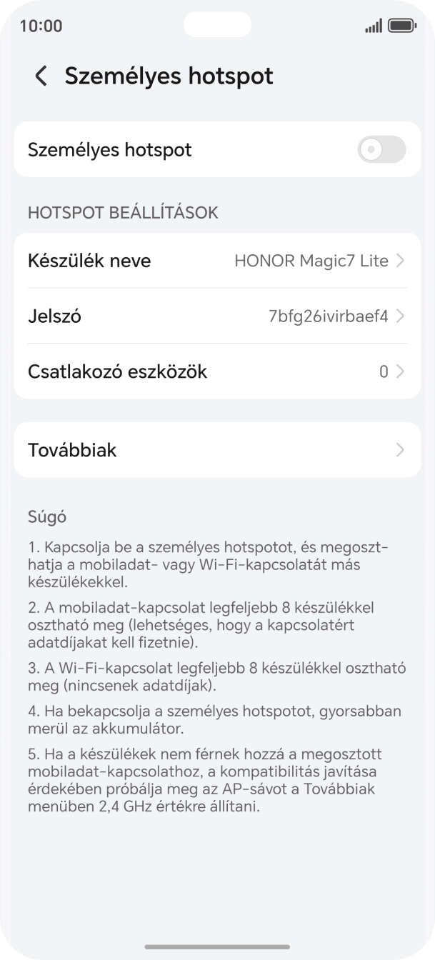 Válaszd a Készülék neve lehetőséget, és írd be a Wi-Fi-hotspot kívánt nevét.