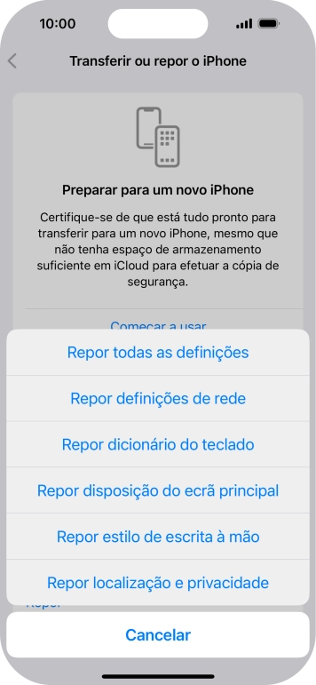 Prima Repor definições de rede.