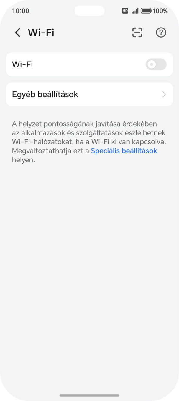 Kattints a „Wi-Fi” melletti csúszkára a funkció bekapcsolásához. Kattints a „Wi-Fi” melletti csúszkára a funkció bekapcsolásához.