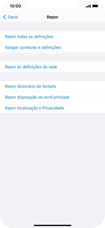 Prima Repor todas as definições.