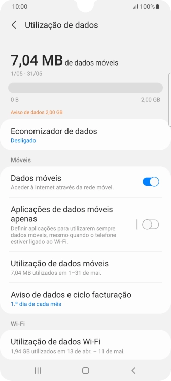 O consumo total de dados é agora mostrado no ecrã.