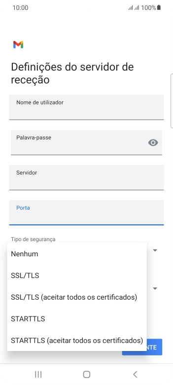 Prima SSL/TLS para ativar a função.