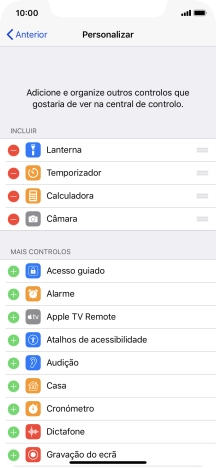 Prima o ícone para apagar junto da função pretendida para a remover da Central de controlo.
