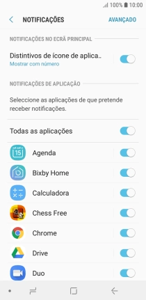 Prima o indicador junto à app pretendida para ativar ou desativar a função.