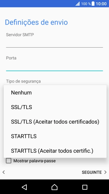 Prima STARTTLS (Aceitar todos certific.) para ativar a função.