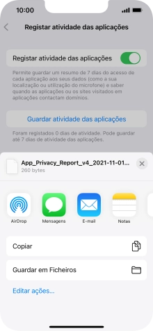 Prima a definição pretendida e siga as indicações no ecrã para partilhar ou guardar o relatório de atividade das aplicações.