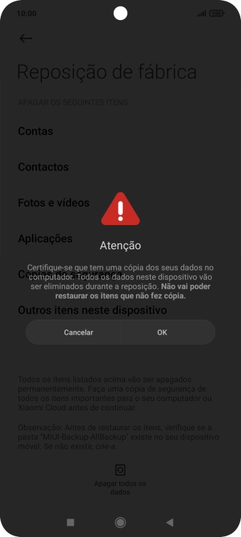 Prima OK. Aguarde um momento enquanto o telefone restabelece as definições originais. Siga as indicações no ecrã para configurar o telefone de modo que este fique pronto a ser utilizado.