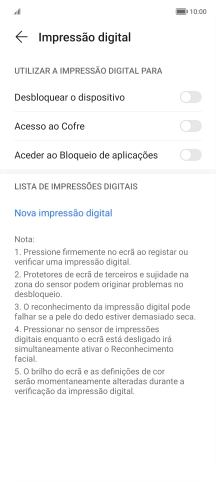 Prima os indicadores junto às definições pretendidas para as ativar ou desativar.