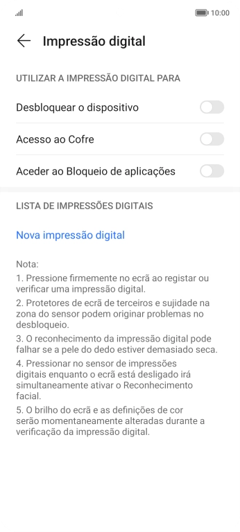 Prima os indicadores junto às definições pretendidas para as ativar ou desativar.