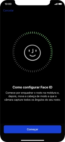 Prima Começar e siga as indicações no ecrã para estabelecer um código de reconhecimento facial (Face ID).