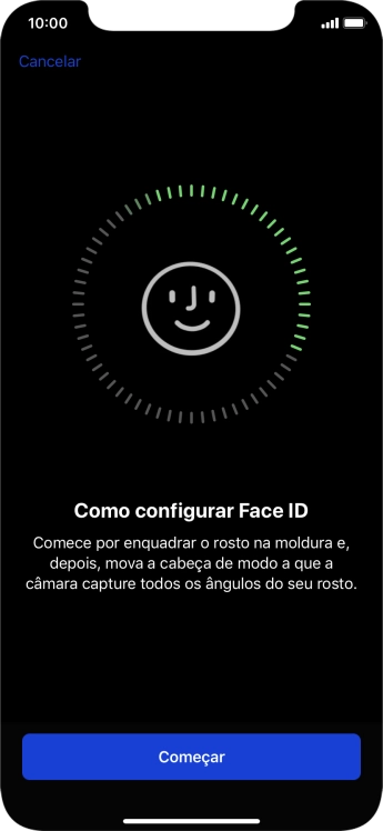 Prima Começar e siga as indicações no ecrã para estabelecer um código de reconhecimento facial (Face ID).