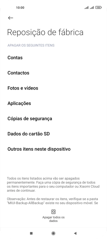 Prima Apagar todos os dados.