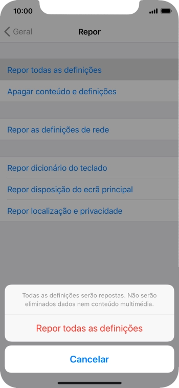 Prima Repor todas as definições.