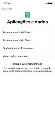 É possível restaurar conteúdo a partir de uma cópia de segurança em iCloud, quando o telefone for ativado antes da primeira utilização e quando o telefone tiver sido reiniciado. Quando esta imagem for mostrada no ecrã, o telefone está pronto para restaurar conteúdo a partir de uma cópia de segurança em iCloud.