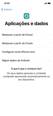 É possível restaurar conteúdo a partir de uma cópia de segurança em iCloud, quando o telefone for ativado antes da primeira utilização e quando o telefone tiver sido reiniciado. Quando esta imagem for mostrada no ecrã, o telefone está pronto para restaurar conteúdo a partir de uma cópia de segurança em iCloud.