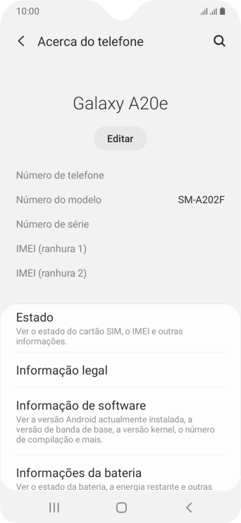 O código IMEI é mostrado no ecrã.