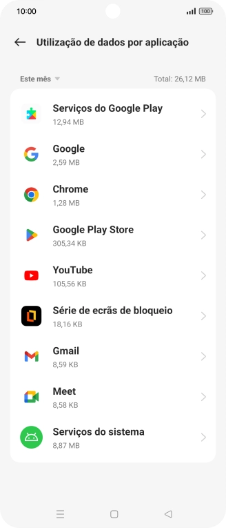 O consumo de dados de cada aplicação é mostrado sob o nome da aplicação.