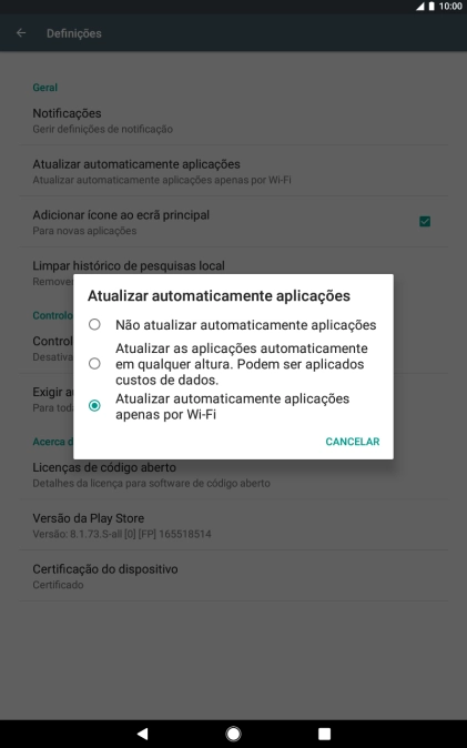 Para desativar a atualização automática de apps, prima Não atualizar automaticamente aplicações.