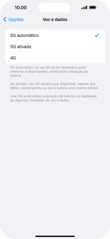 Para ativar a alternância automática entre 5G e 4G prima 5G automático.