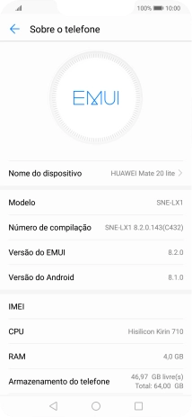 O código IMEI é mostrado no ecrã.